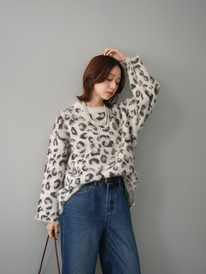 [SET]レオパードシャギーニットプルオーバー+裏起毛裾フリンジワイドデニムパンツ(2set)