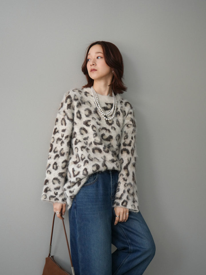 [SET]レオパードシャギーニットプルオーバー+裏起毛裾フリンジワイドデニムパンツ(2set)