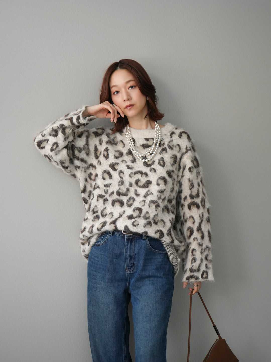 [SET]レオパードシャギーニットプルオーバー+裏起毛裾フリンジワイドデニムパンツ(2set)