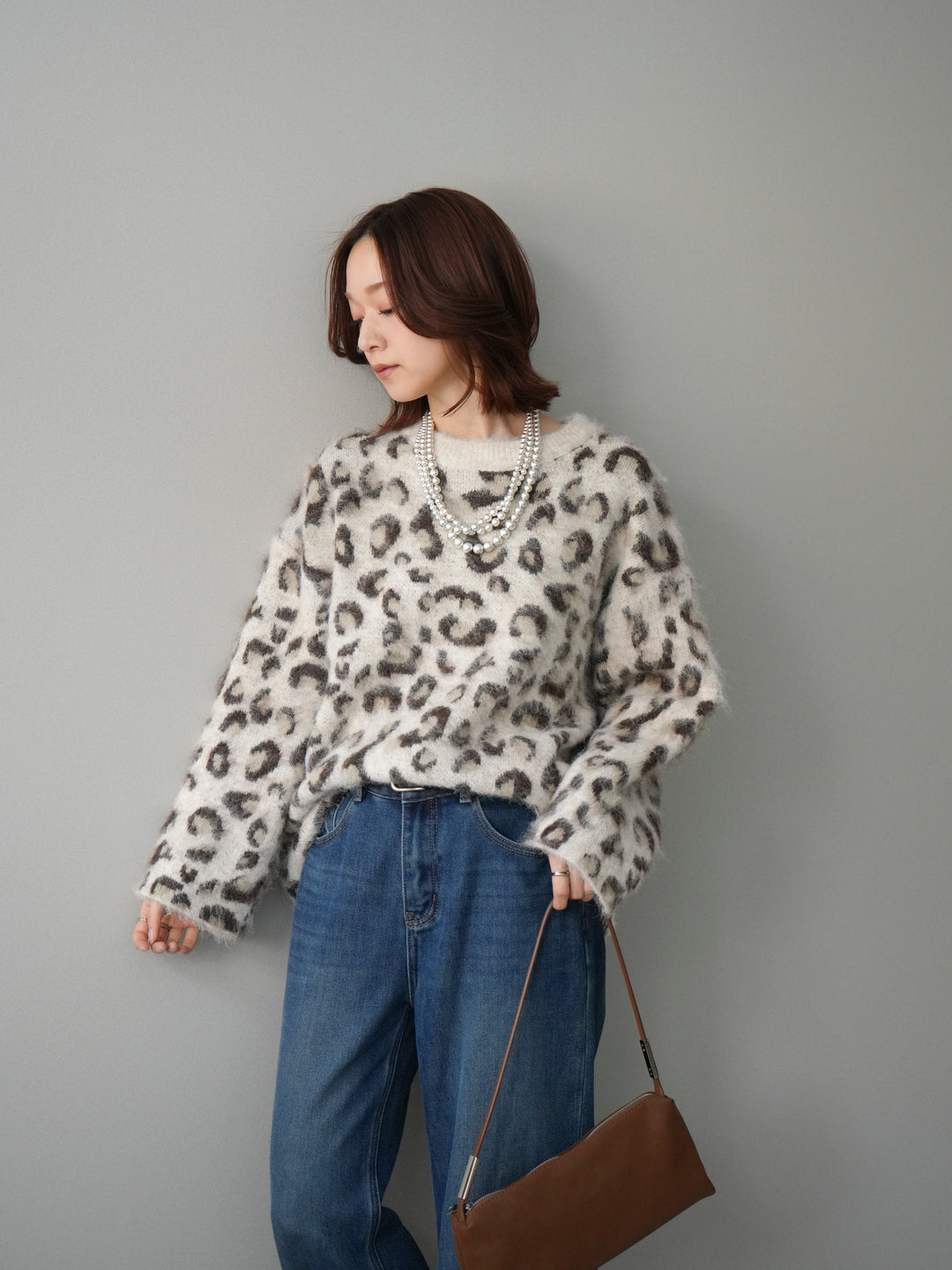 [SET]レオパードシャギーニットプルオーバー+裏起毛裾フリンジワイドデニムパンツ(2set)