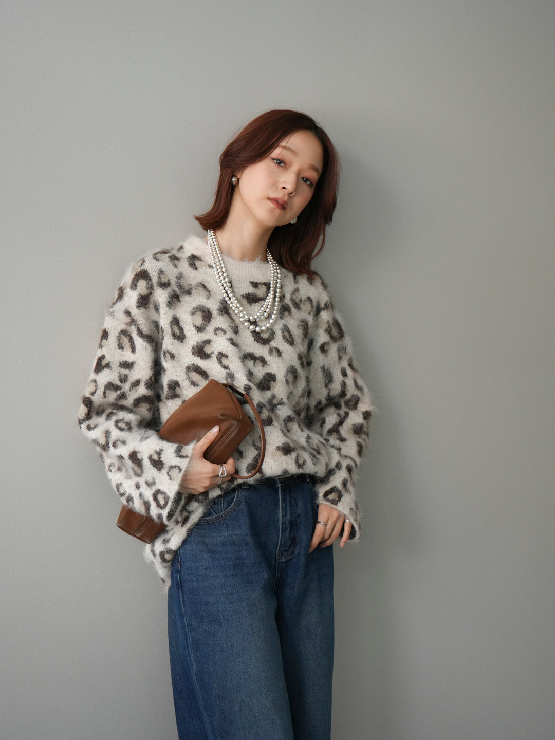 [SET]レオパードシャギーニットプルオーバー+裏起毛裾フリンジワイドデニムパンツ(2set)