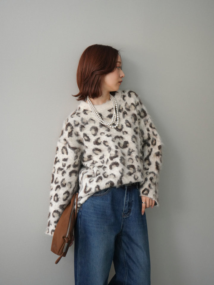 [SET]レオパードシャギーニットプルオーバー+裏起毛裾フリンジワイドデニムパンツ(2set)