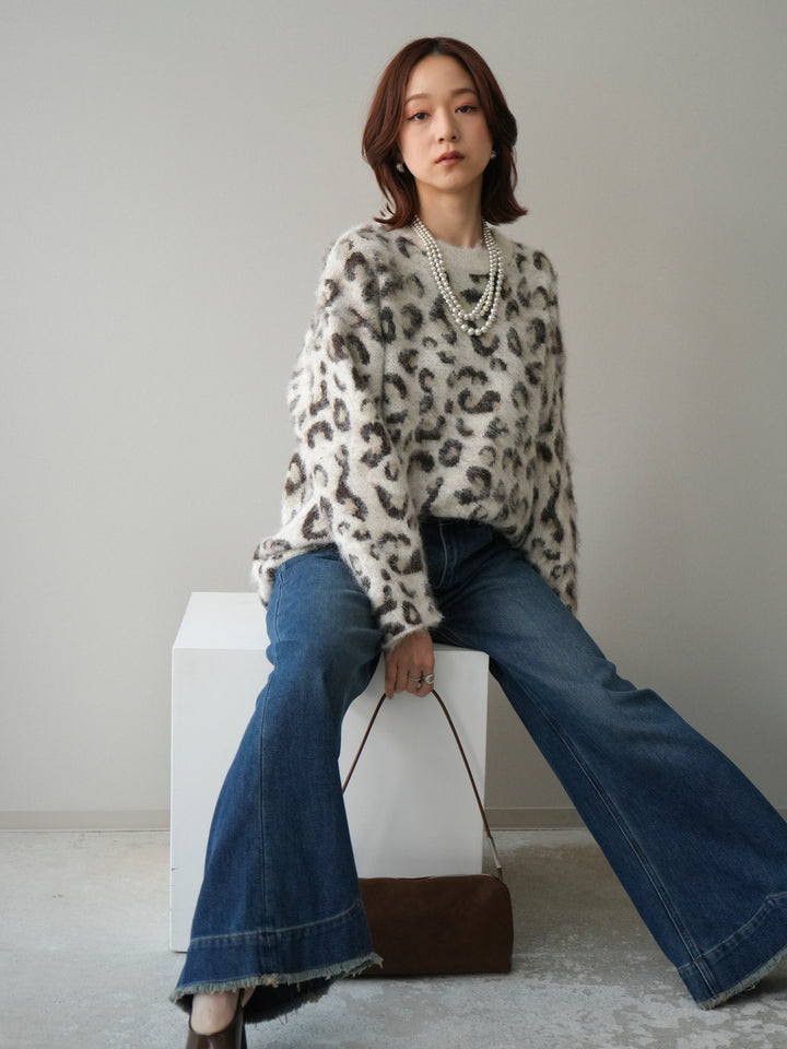 [SET]レオパードシャギーニットプルオーバー+裏起毛裾フリンジワイドデニムパンツ(2set)