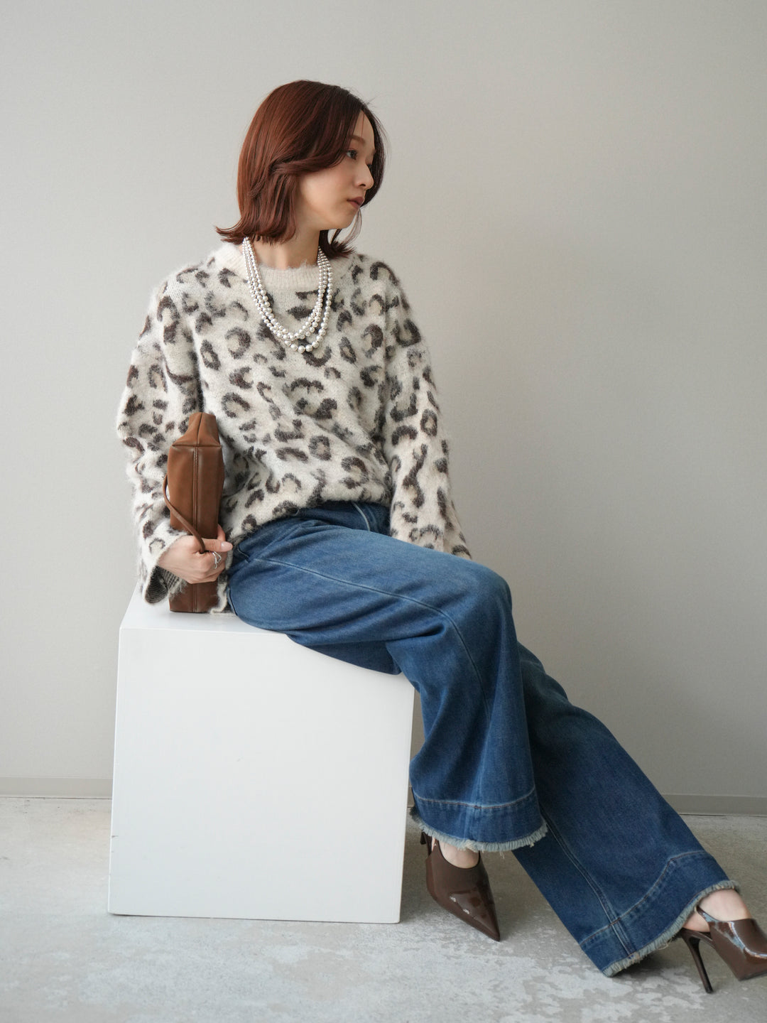 [SET]レオパードシャギーニットプルオーバー+裏起毛裾フリンジワイドデニムパンツ(2set)