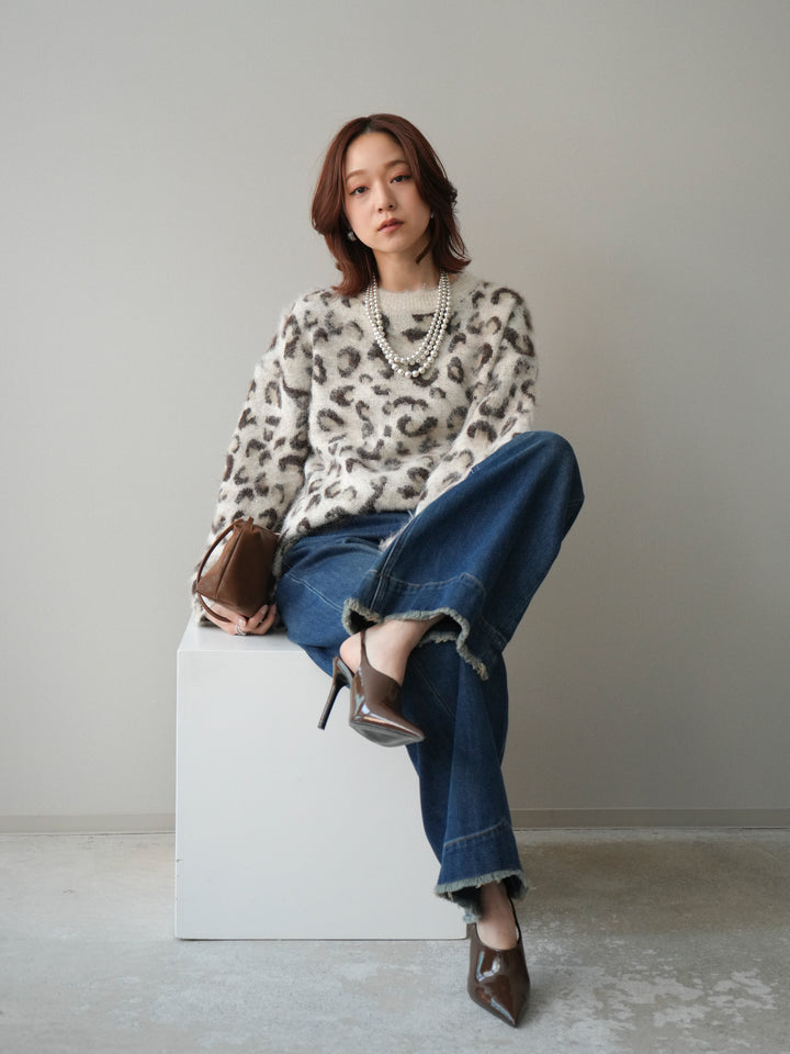 [SET]レオパードシャギーニットプルオーバー+裏起毛裾フリンジワイドデニムパンツ(2set)