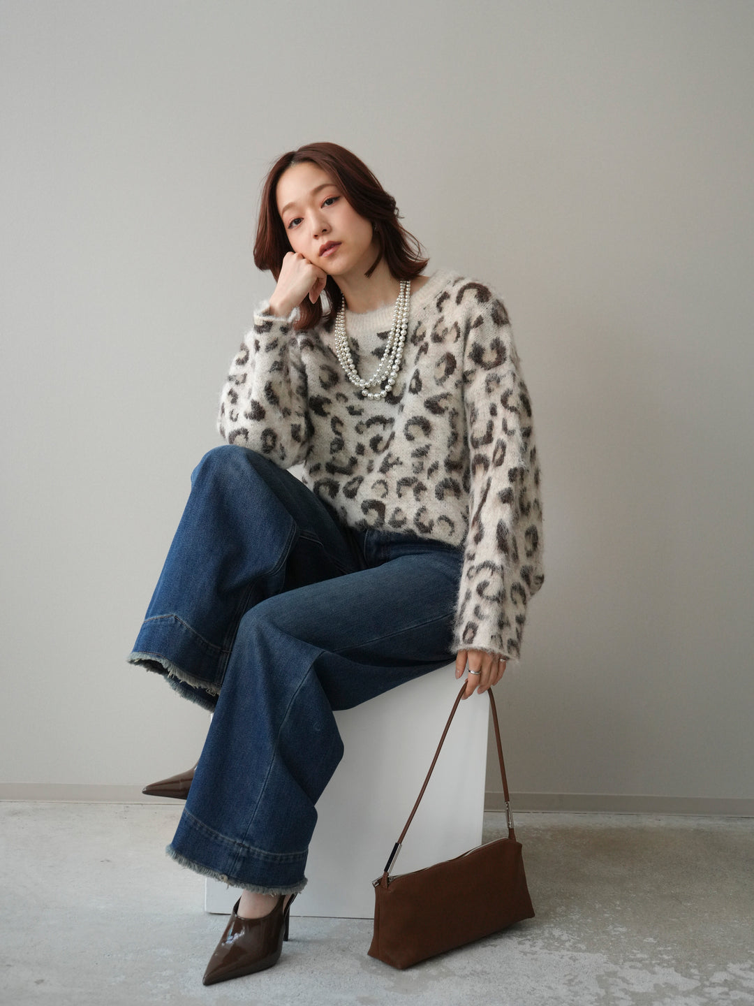 [SET]レオパードシャギーニットプルオーバー+裏起毛裾フリンジワイドデニムパンツ(2set)