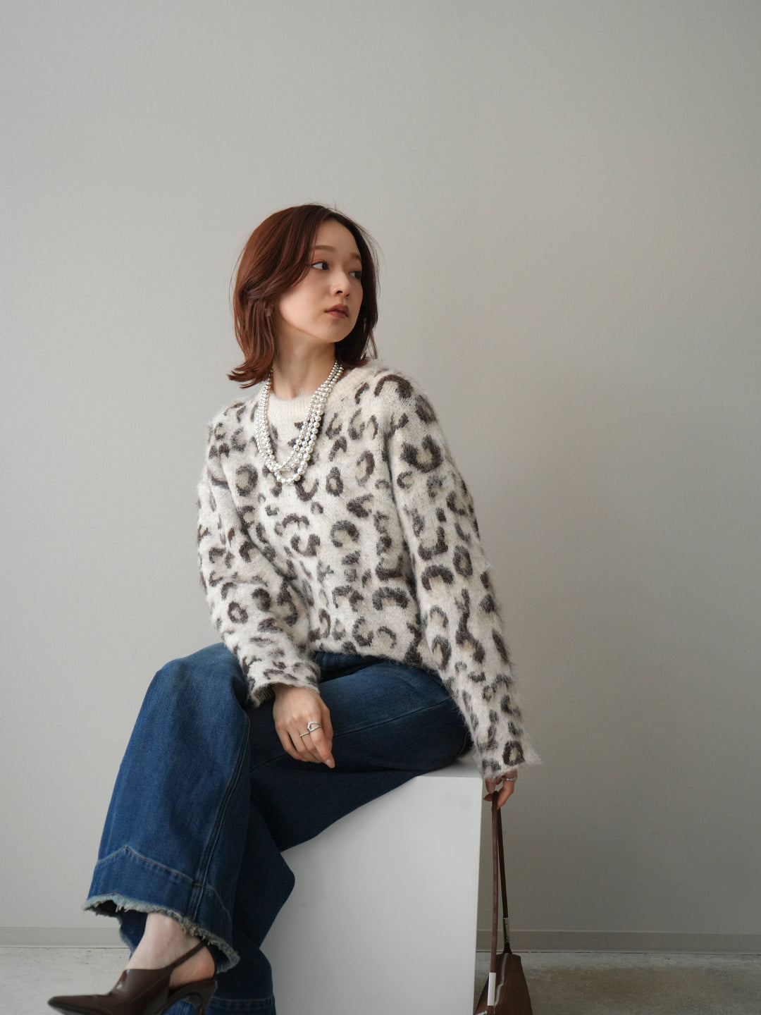 [SET]レオパードシャギーニットプルオーバー+裏起毛裾フリンジワイドデニムパンツ(2set)