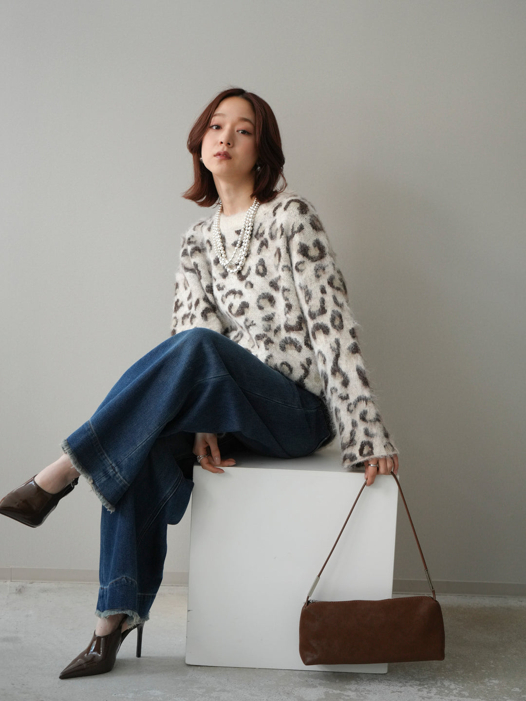 [SET]レオパードシャギーニットプルオーバー+裏起毛裾フリンジワイドデニムパンツ(2set)