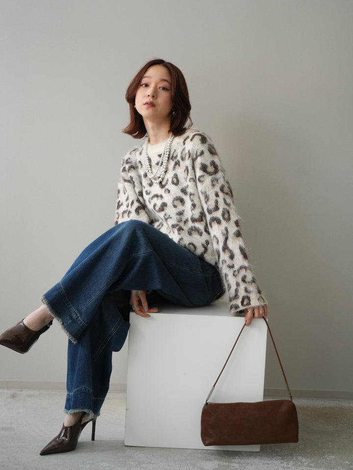 [SET]レオパードシャギーニットプルオーバー+裏起毛裾フリンジワイドデニムパンツ(2set)