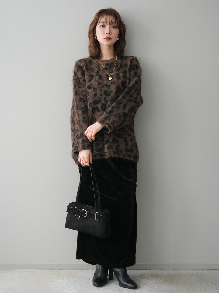 [予約]レオパードシャギーニットプルオーバー/brown