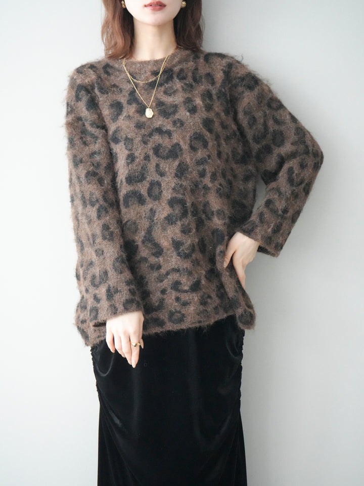 [予約]レオパードシャギーニットプルオーバー/brown