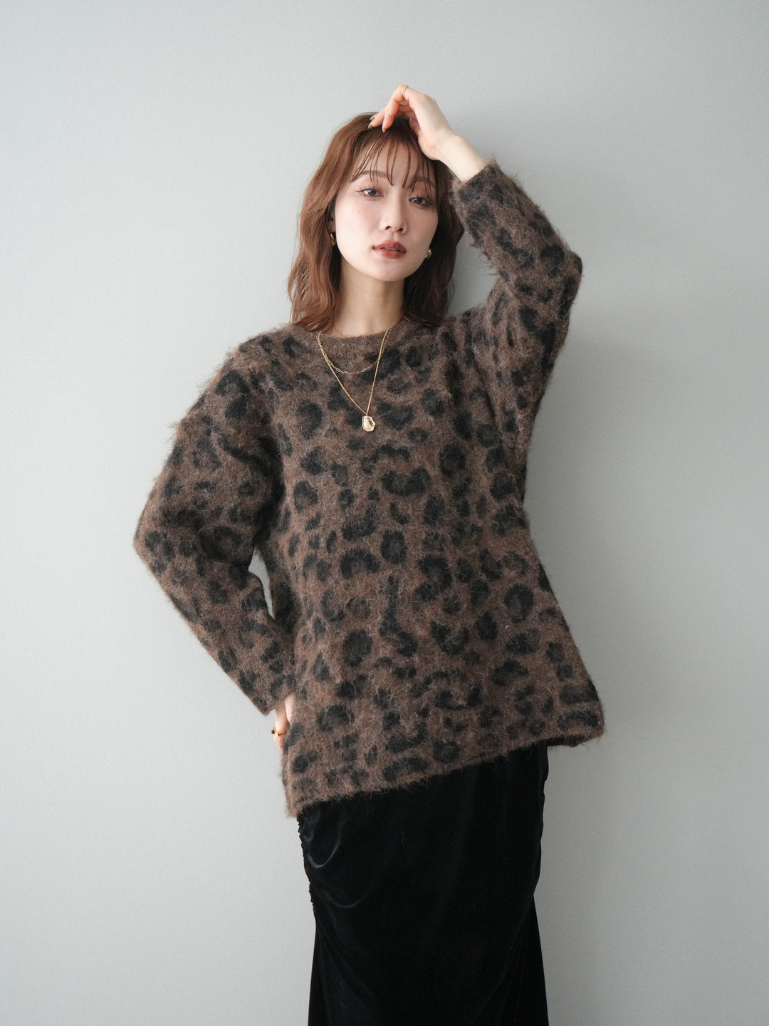 [予約]レオパードシャギーニットプルオーバー/brown