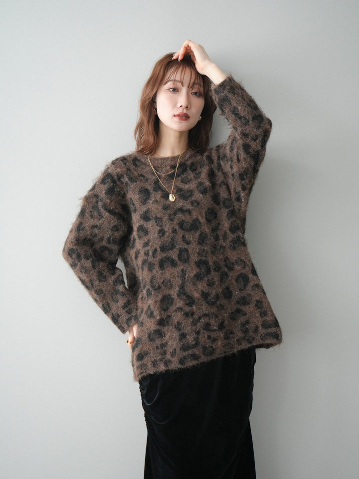 [予約]レオパードシャギーニットプルオーバー/brown
