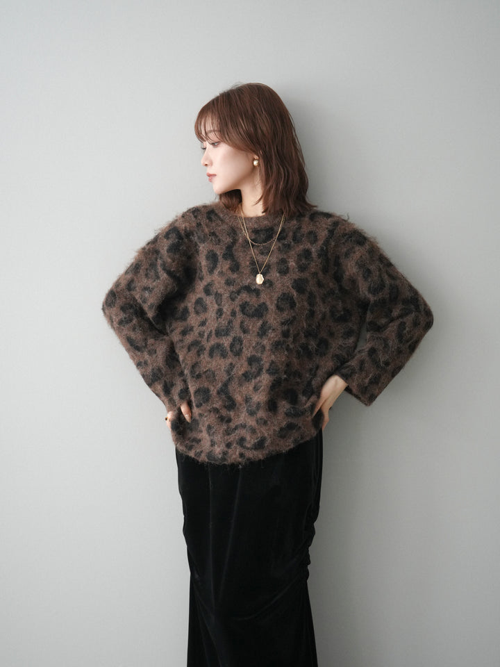 [予約]レオパードシャギーニットプルオーバー/brown