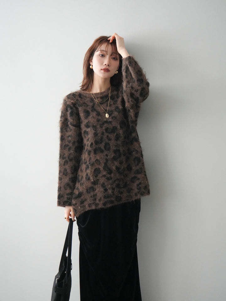 [予約]レオパードシャギーニットプルオーバー/brown