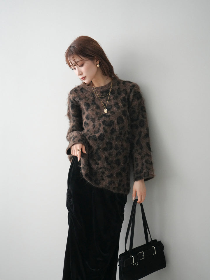 [予約]レオパードシャギーニットプルオーバー/brown