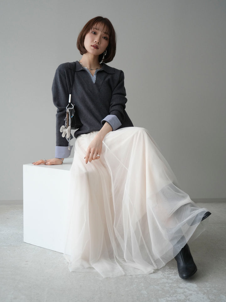 [予約]シャツレイヤードスキッパーニットプルオーバー/charcoal