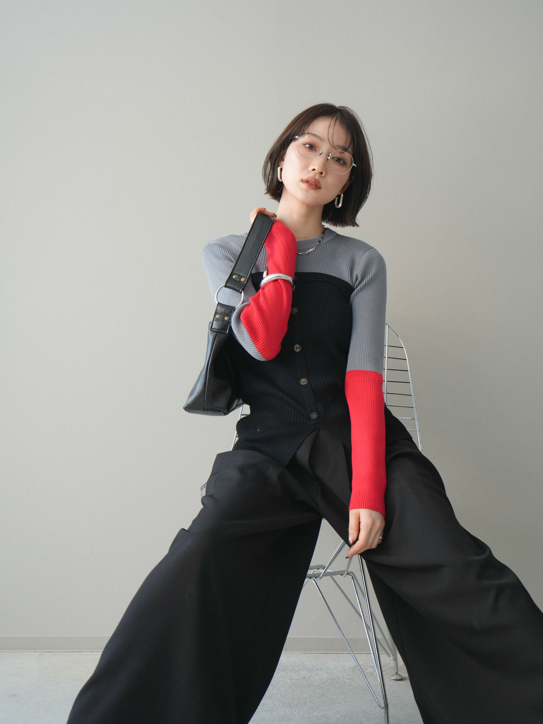 [SET]配色ビスチェドッキングリブニットトップス+選べるアクセセット(2set)