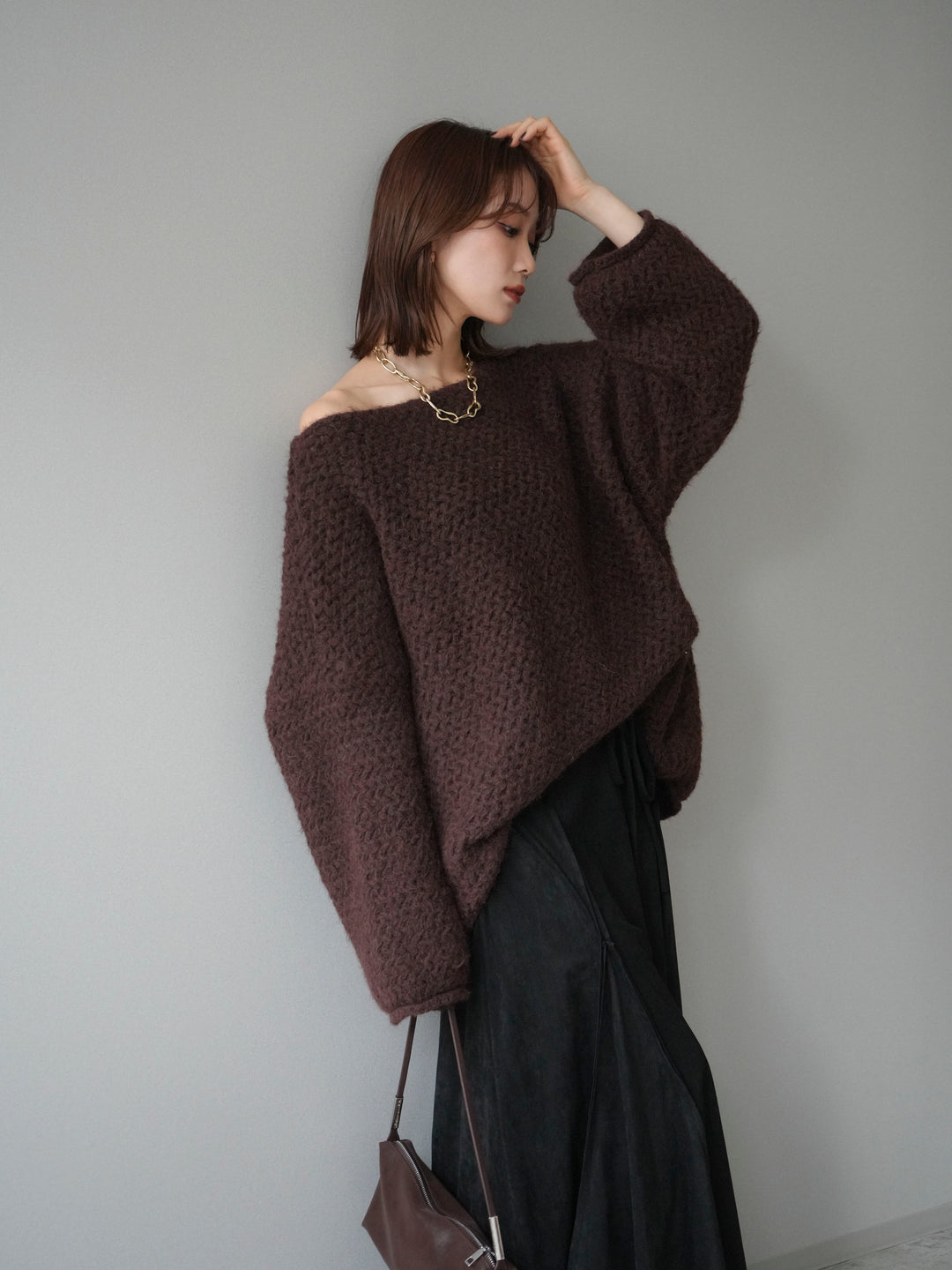 [予約]ワッフル編みオーバーニットプルオーバー/brown