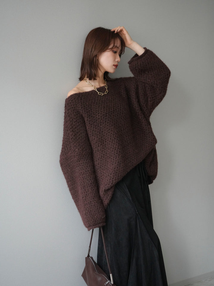 [予約]ワッフル編みオーバーニットプルオーバー/brown