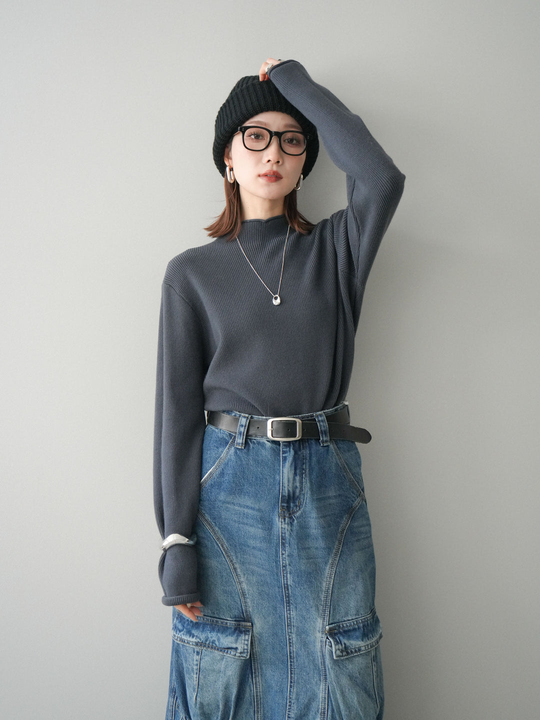 [SET]ボトルネック裾カールリブニットトップス+ボトルネック裾カールリブニットトップス(2set)