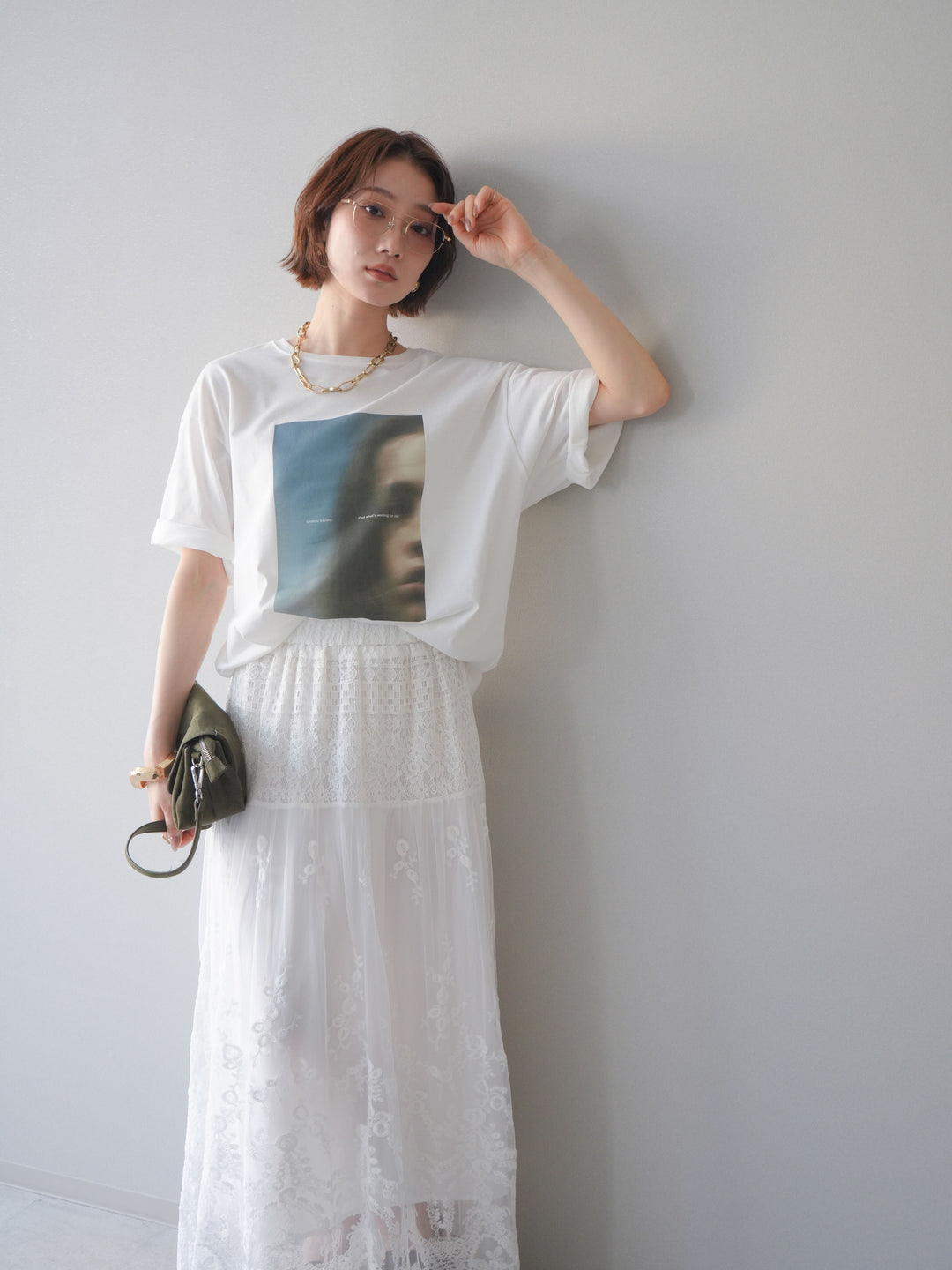 [SET]ブラーアートフォトTシャツ+シアーレースマキシスカート(2set)