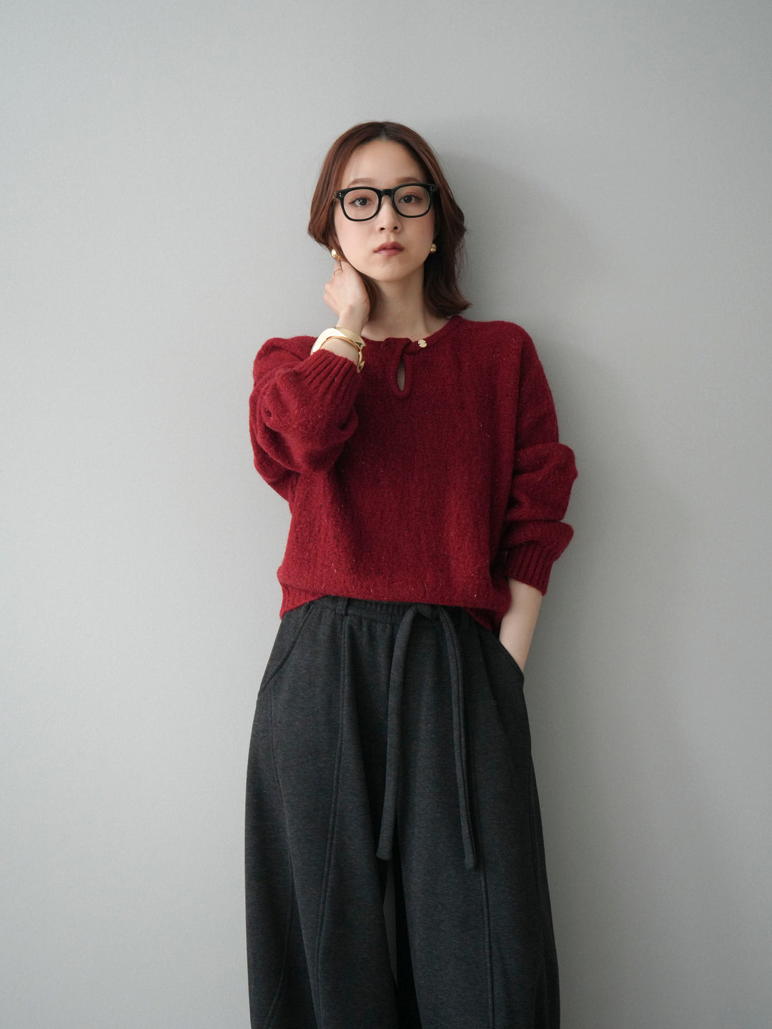 [予約]ツイストネックラメネップヤーンニットプルオーバー/red