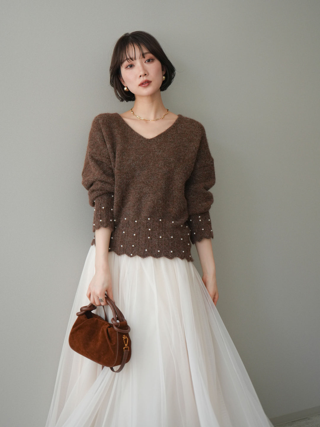 [SET]パールフリルリブヘムニットプルオーバー+選べるアクセセット(2set)