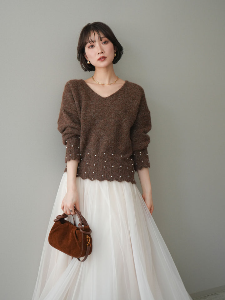 [SET]パールフリルリブヘムニットプルオーバー+選べるアクセセット(2set)