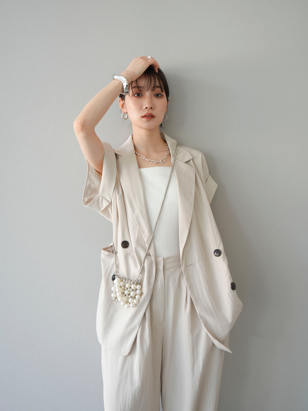 [套裝] 亞麻風格無袖雙背心 + 雙肩帶剪裁羅紋胸罩吊帶背心（2 件套）