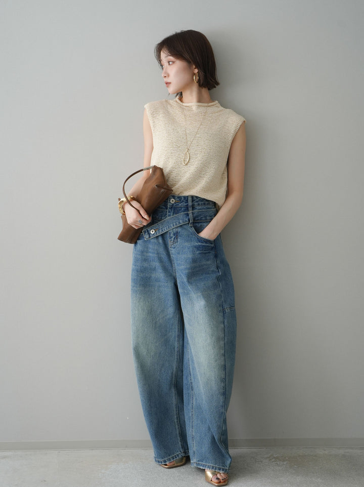 【套裝】無袖亞麻質感透視針織套頭衫 + 不對稱闊腿牛仔褲（兩件套）
