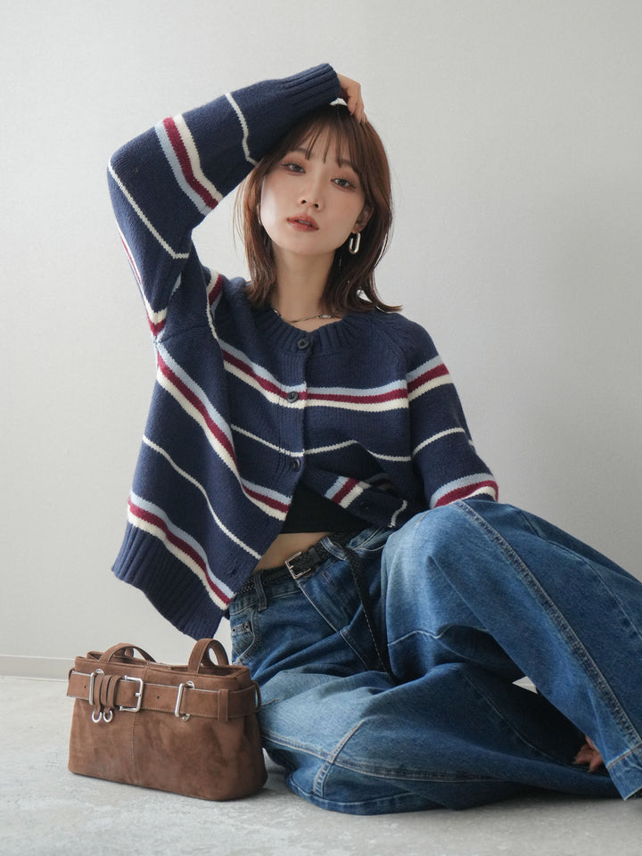 [予約]ランダムボーダーニットカーディガン/navy