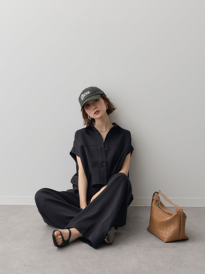 【套裝】縐綢燈籠無袖襯衫 + 縐綢闊腿褲（兩件套）