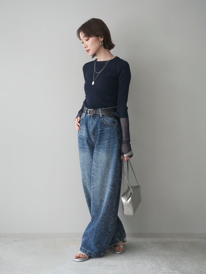 [SET]リブラメシアー切替リブニットトップス+ラインストーンカーブデニムパンツ(2set)