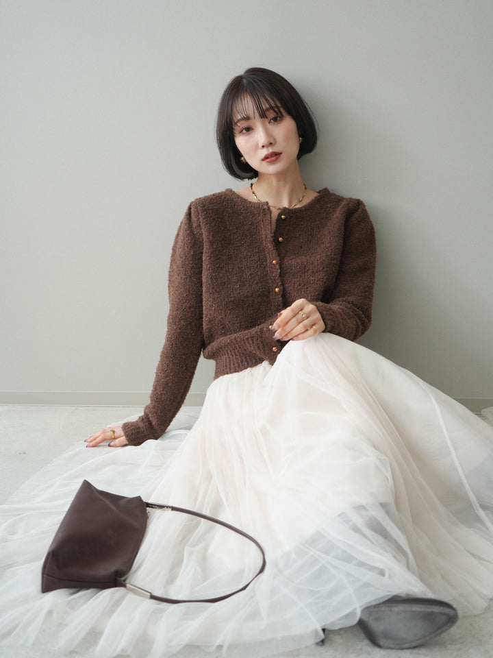 [SET]ゴールドボタンブークレニットカーディガン+チュールボリュームスカート(2set)