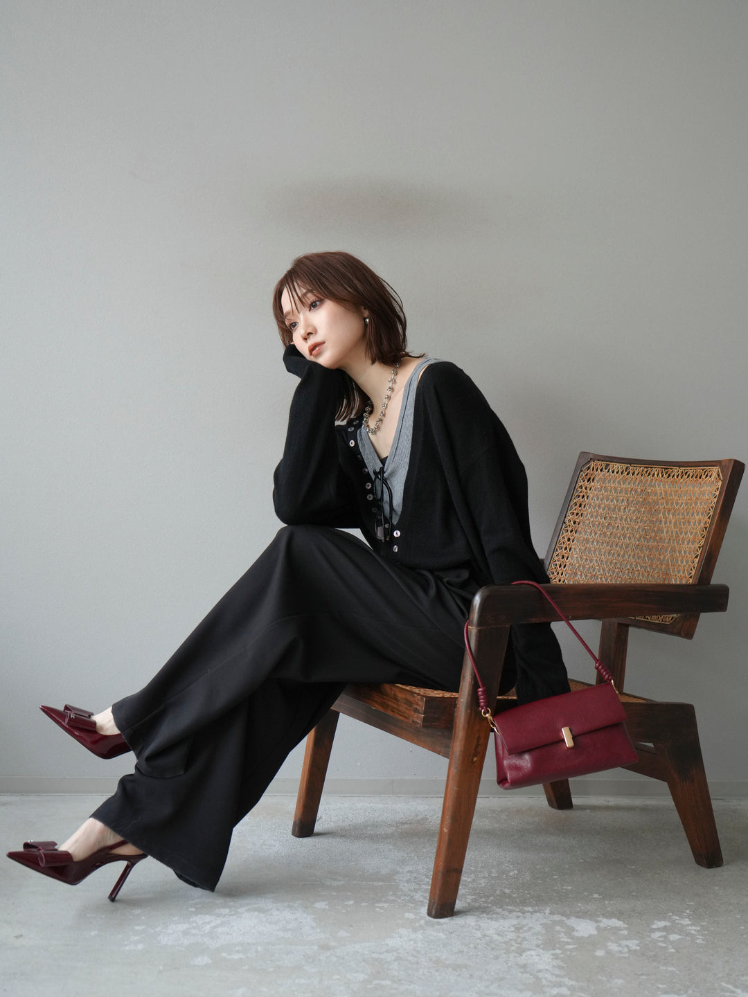 [SET]デザインボタンニットカーディガン＆タンクトップSET+ベルトループデザインワイドパンツ(2set)