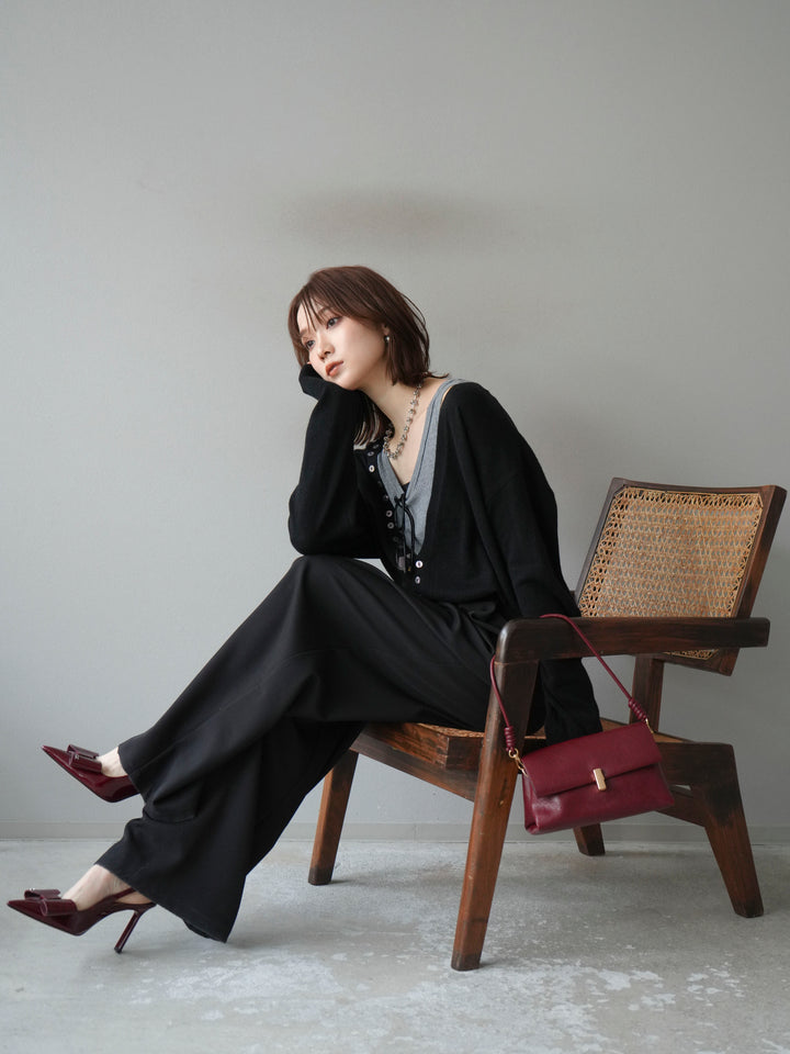 [SET]デザインボタンニットカーディガン＆タンクトップSET+ベルトループデザインワイドパンツ(2set)