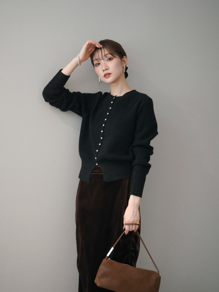 [SET]シルバーボタン畦編みニットカーディガン+ギャザーベロアスカート(2set)