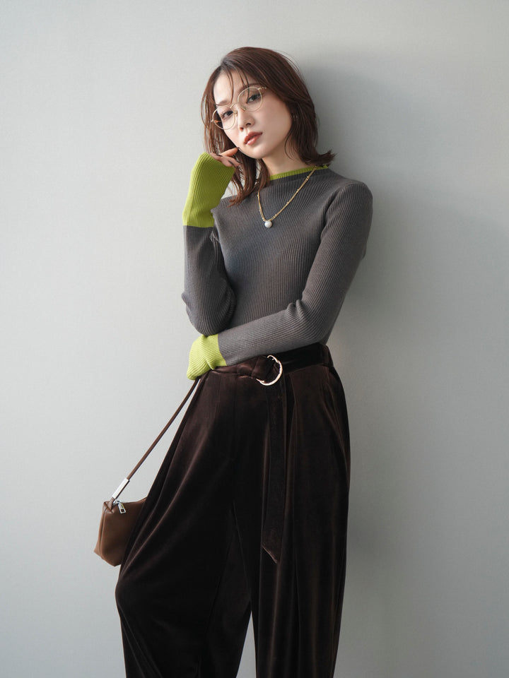 [SET]袖ボタンハイネック配色リブニットトップス+選べるアクセセット(2set)