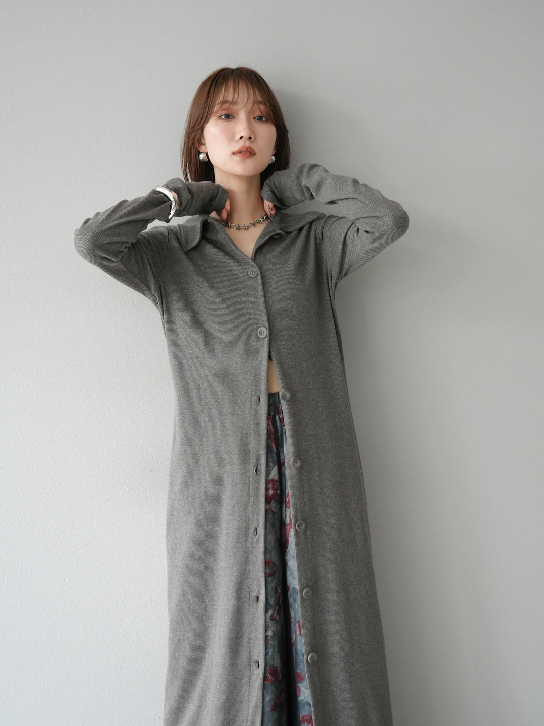 [SET]襟付きカットリブボタンワンピース+フラワープリントチュールレイヤードパンツ(2set)