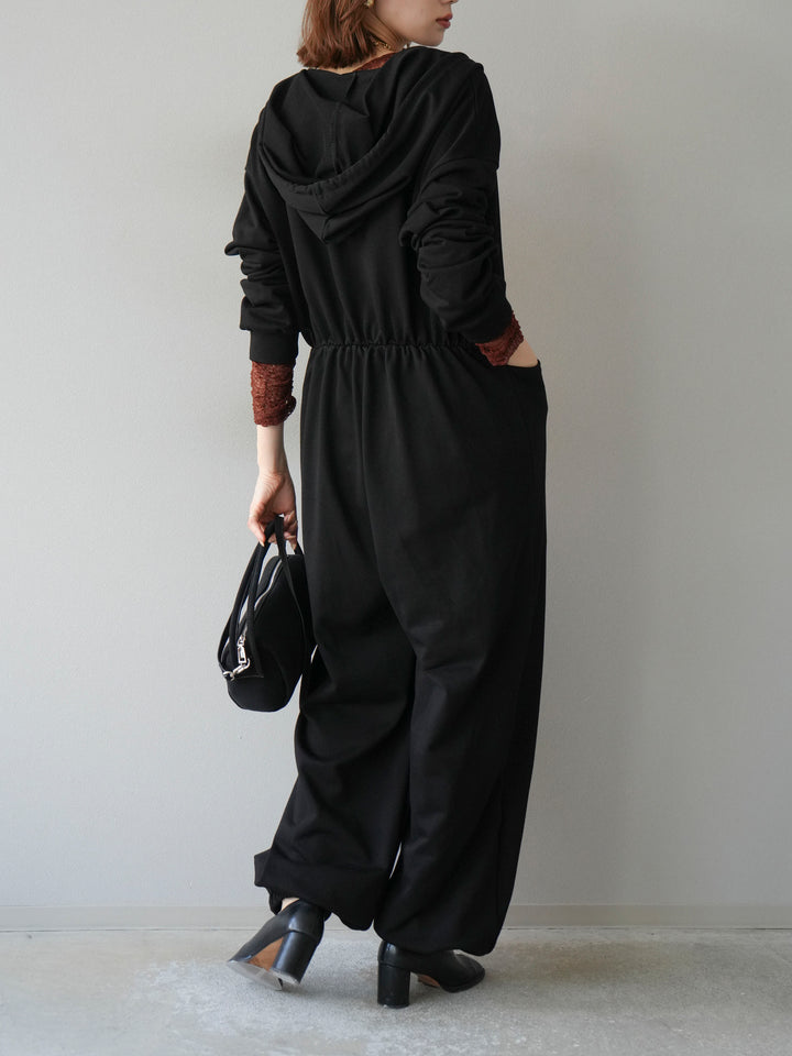 [予約]ミニ裏毛フーディージャンプスーツ/ブラック