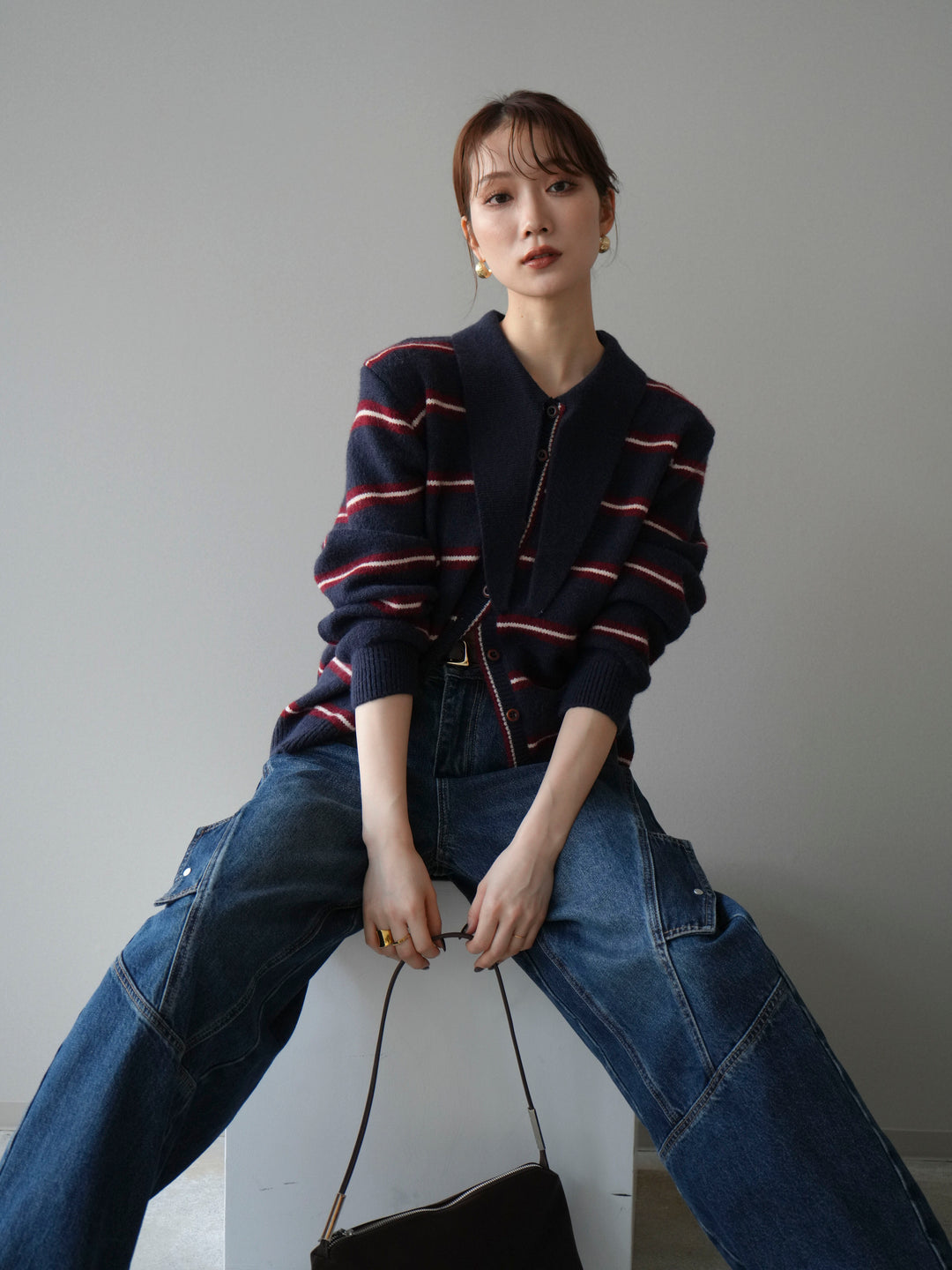 [予約]ボウタイボーダーニットカーディガン/navy