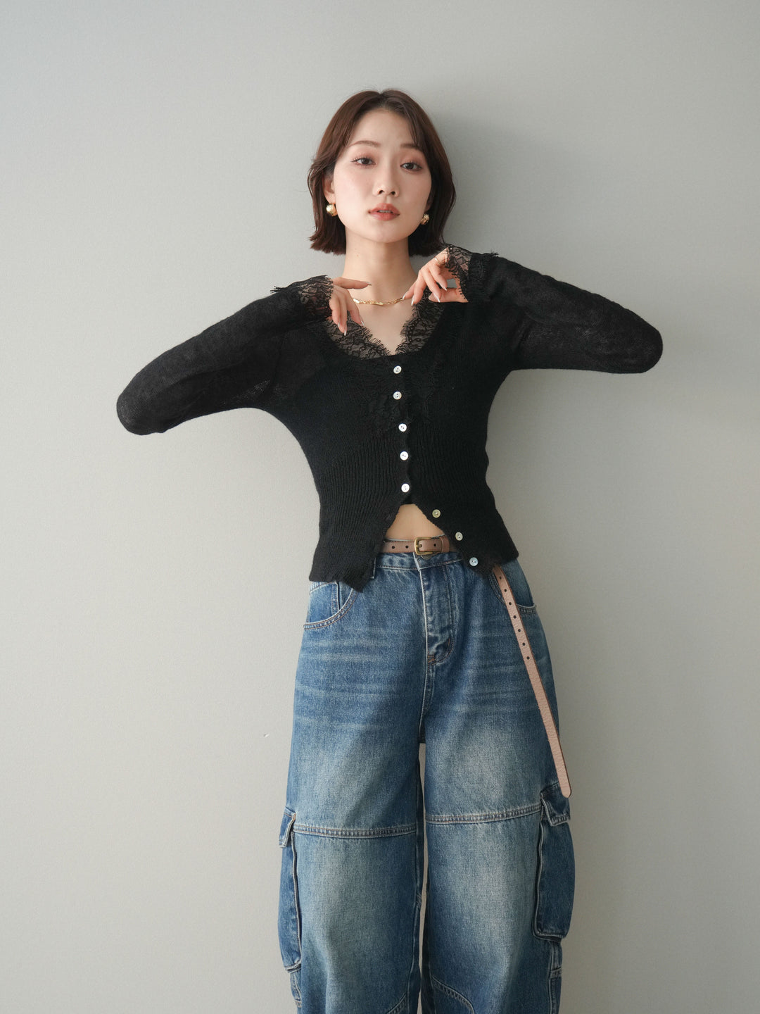 [予約]モヘアタッチレースニットカーディガン/black