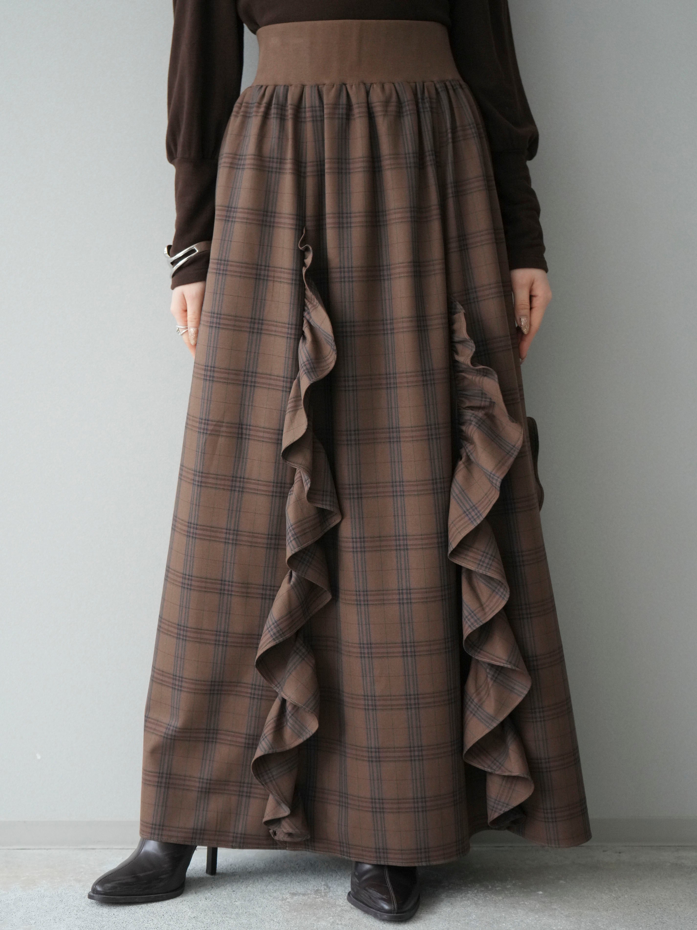 予約]チェック柄フリルハイウエストマキシスカート/lightbrown – Lumier