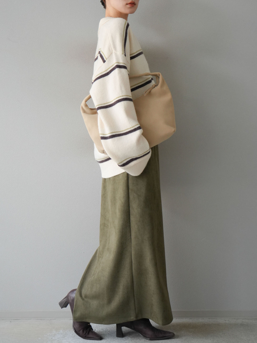 [SET]ポロ襟スキッパーボーダーニットプルオーバー+スウェードIラインスカート(2set)