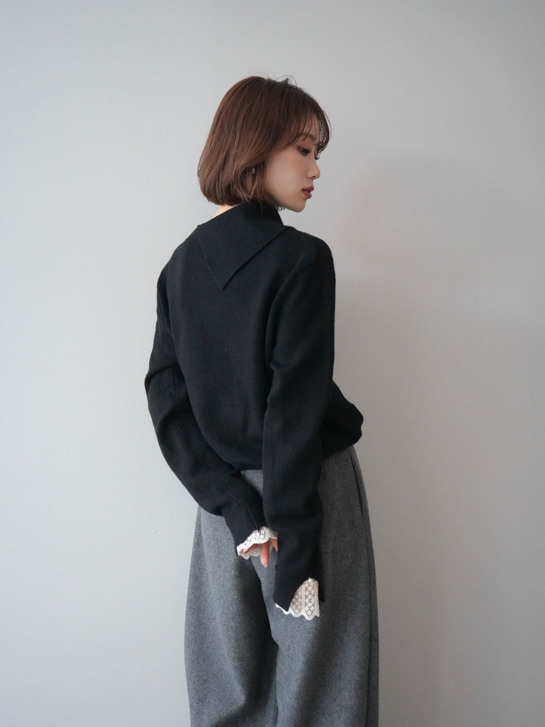 [SET]袖レースパール付き配色ニットトップス+ウールタッチカーブパンツ(2set)