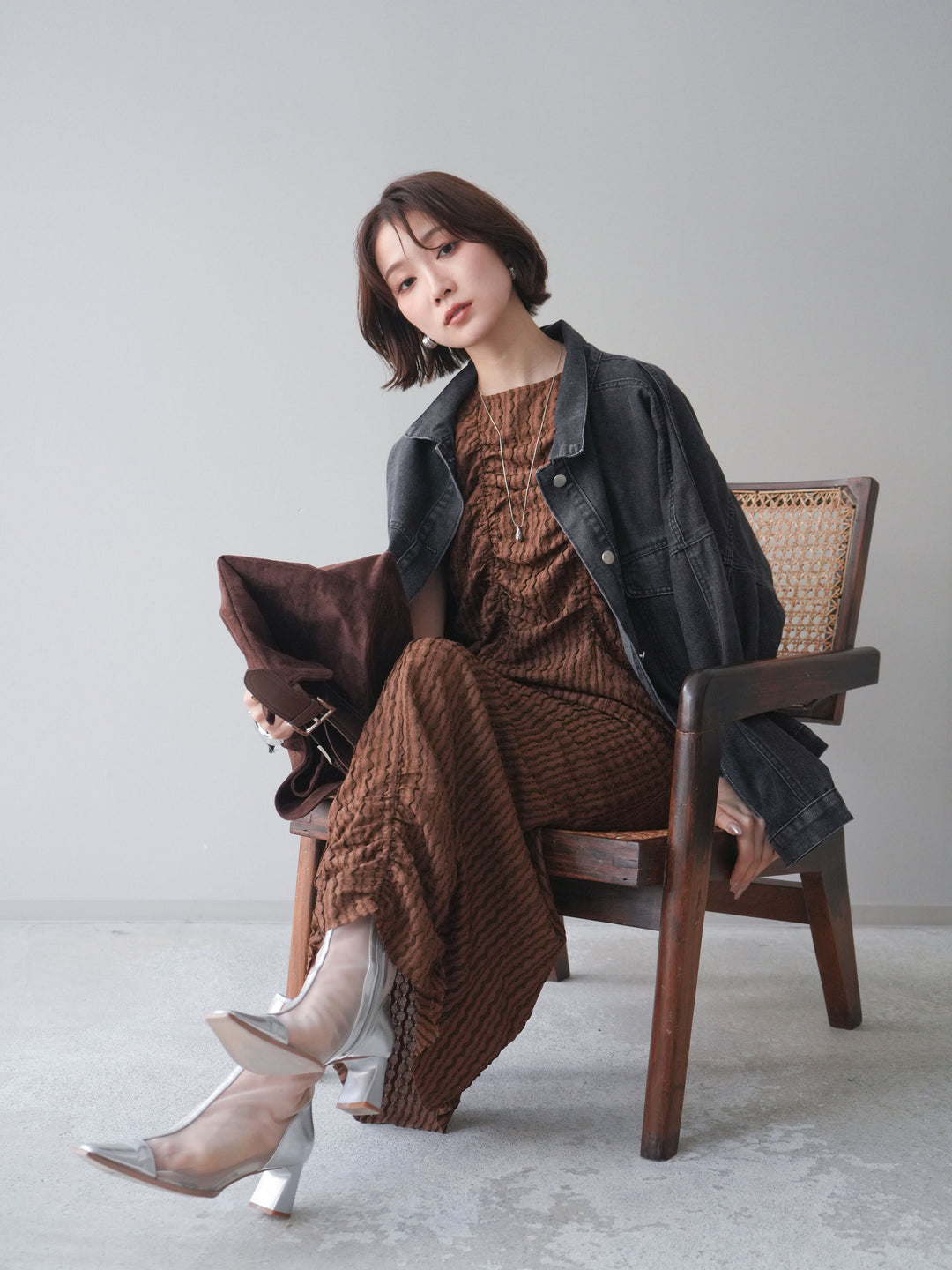 [予約]シャーリングジャガードノースリーブワンピース/brown