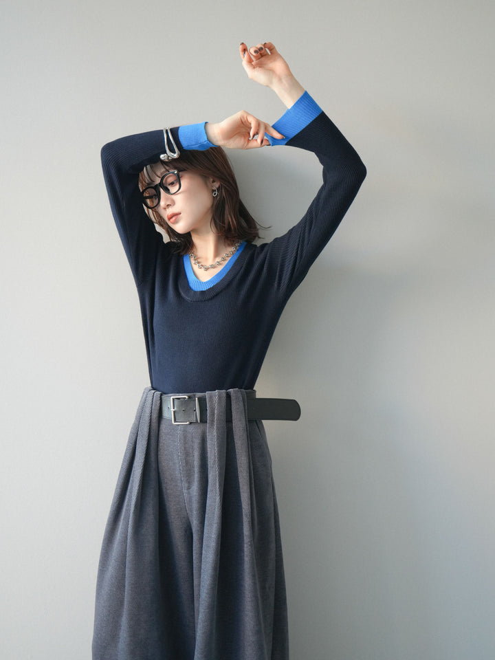 [SET]Uネック配色レイヤードリブニットトップス+ベルトデザインループコールテンワイドパンツ(ベルト付き)(2set)