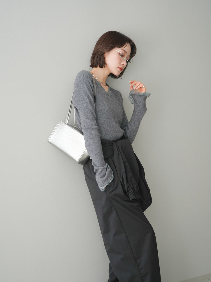 [予約]レースドッキングVネックニットトップス/gray
