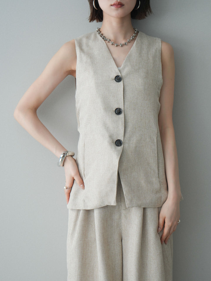 [SET]リネンライクバックオープンジレ+リネンライクタックワイドパンツ(2set)